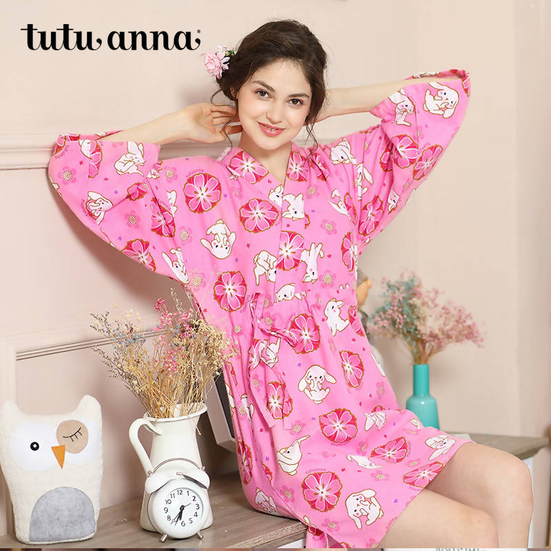 100% Cotton Japanese Kimono Loungewear - cherry blossom rabbit print