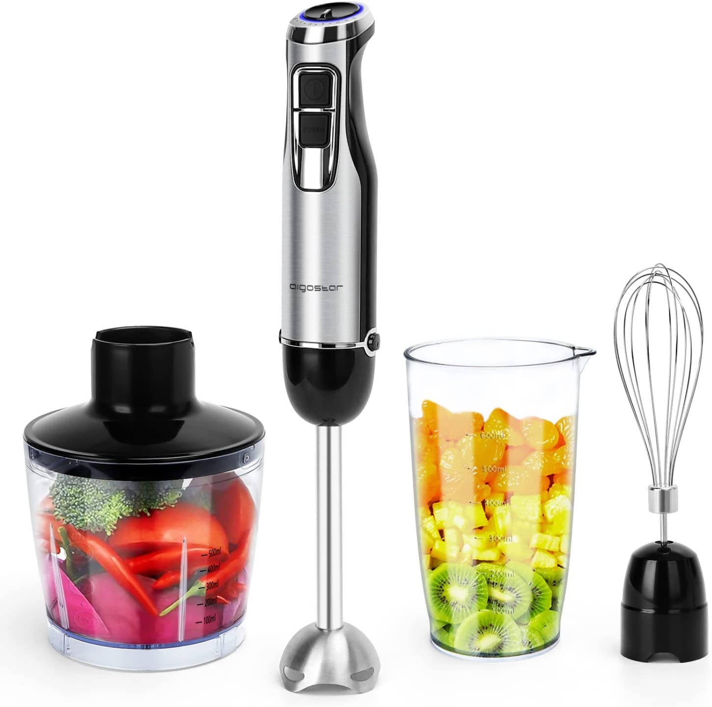 Aigostar Buckle - Hand Blender Set 1000 Watt Purée Stick Stainless Steel 6 Speeds 4 Mixing Base Mini Cutter, Mixer and Dosing Bowl for Mixing Smoothies, Shakes, Baby Food No BPA.
