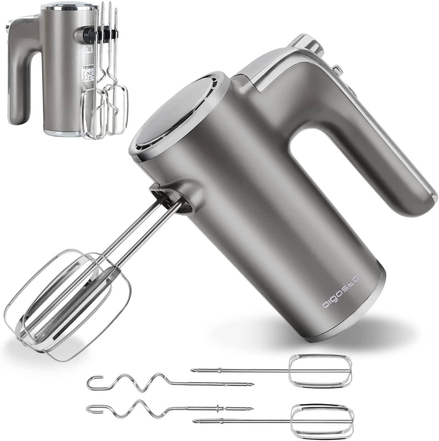 Aigostar Adela Hand Mixer 400W Ultra Power Mixer Hand Stirrer with 1 Storage Holder, 5 Speeds, Turbo Boost, 2 Whisk and 2 Dough Hooks, for Eggs, Dough, Cakes, etc. Silver Grey