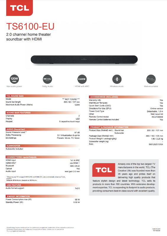 TCL 电视音响 TS6100-EU 2.0 声道 家庭影院 音响 带HDMI接口