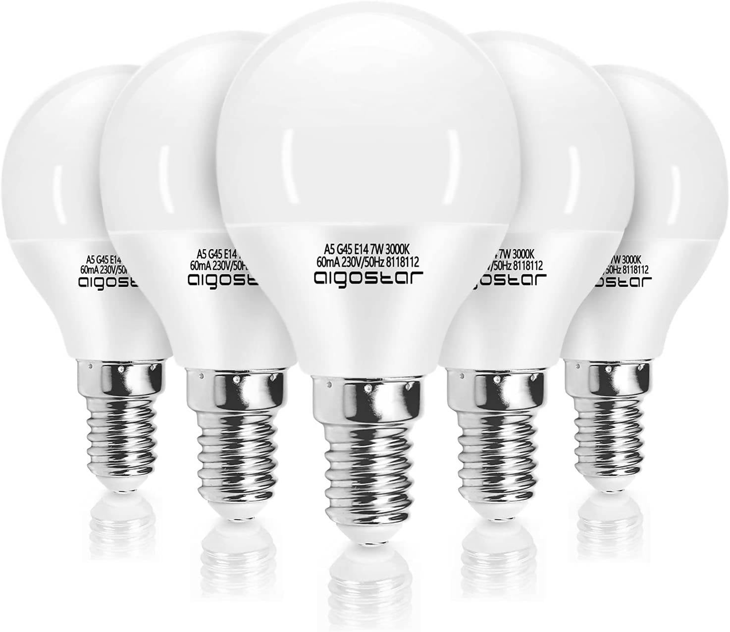 Aigostar - LED Lampe A5 G45 E14, 7W(ersetzt 50W), warmes Licht 3000K, 470 Lumen, 5er Pack [Energieklasse A+]