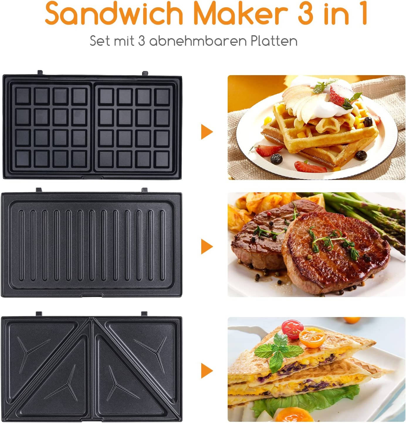 3-in-1 Sandwich Maker, 750 W Sandwich Toaster, 3 Removable Grill Plates, Contact Grill, Waffle Iron, 3-in-1, Dishwasher Safe, Triangular Sandwich Maker, Non-Stick, Black