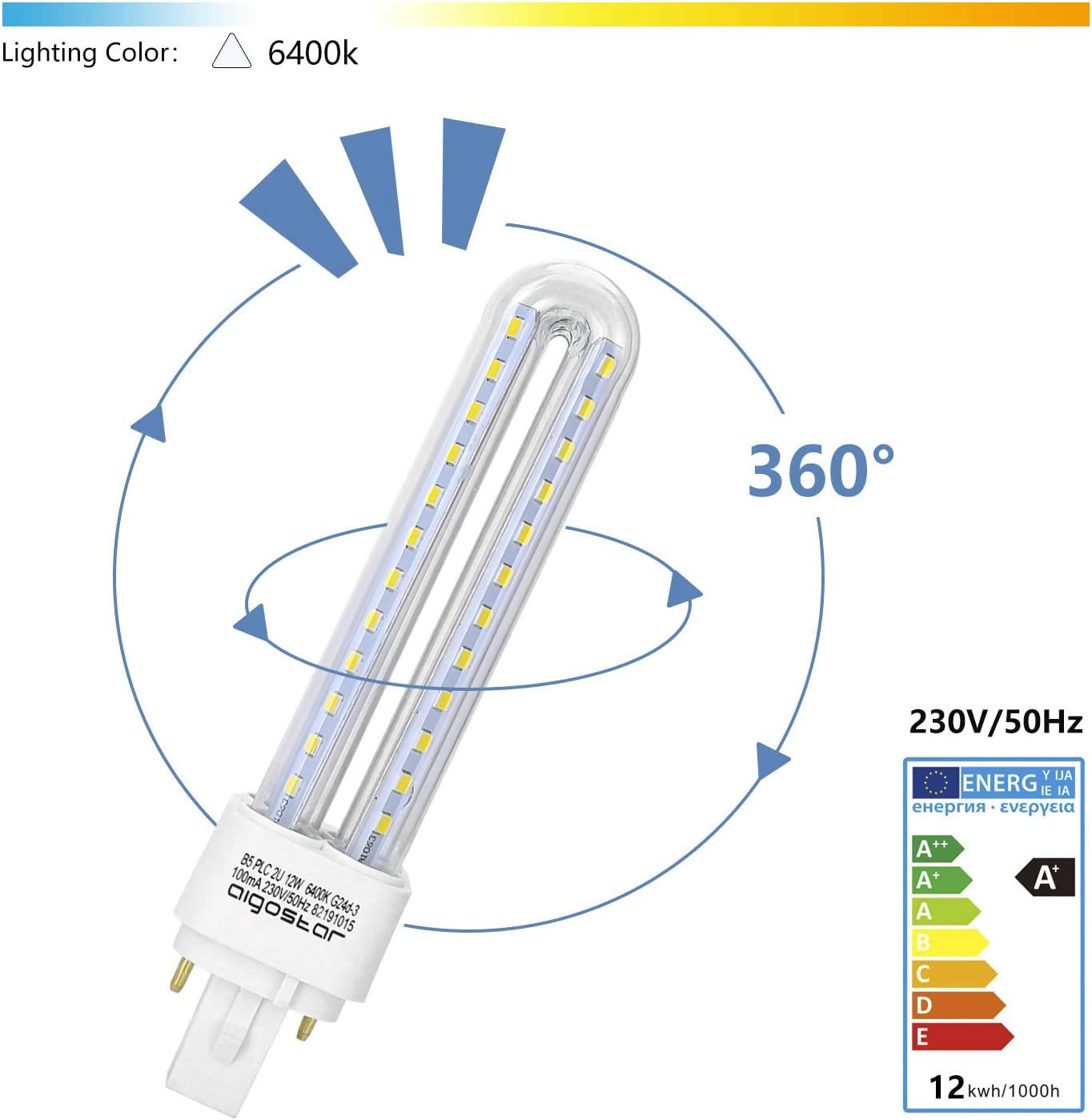 LED Cool White 15 W PLC G24 Light Bulb Mains Bulb Lamp 6400 K 1800 Lumen Beam Angle 360 Degree 2U Bulbs 5 Pieces Energy Saving