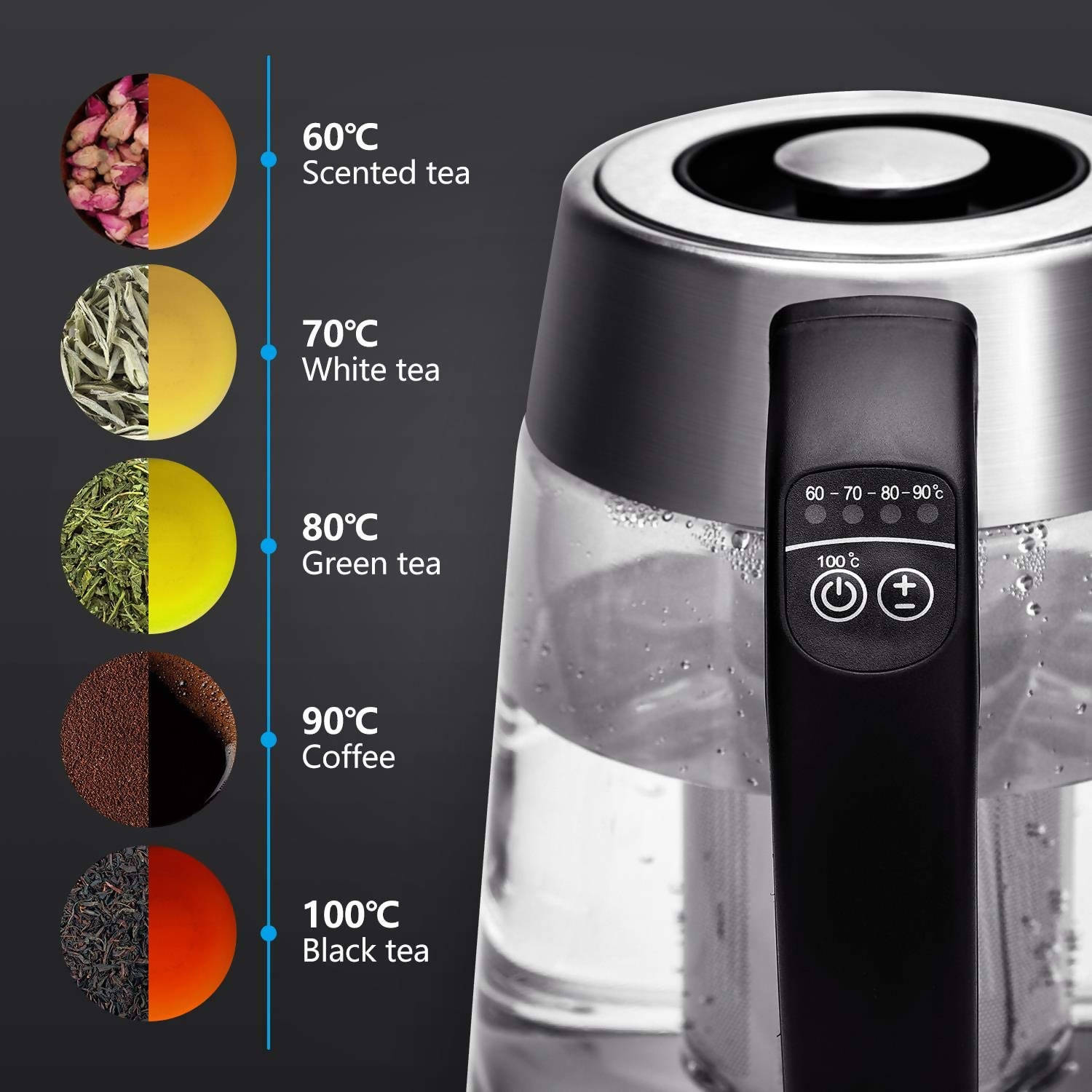 Aigostar Cris - Glas Wasserkocher Temperatureinstellung (60°C-100°C) Farbwechsel LED Beleuchtung, 2200Watt 1.7L Wasserkocher Edelstahl, Teesieb und Kalkfilter, Warmhaltefunktion