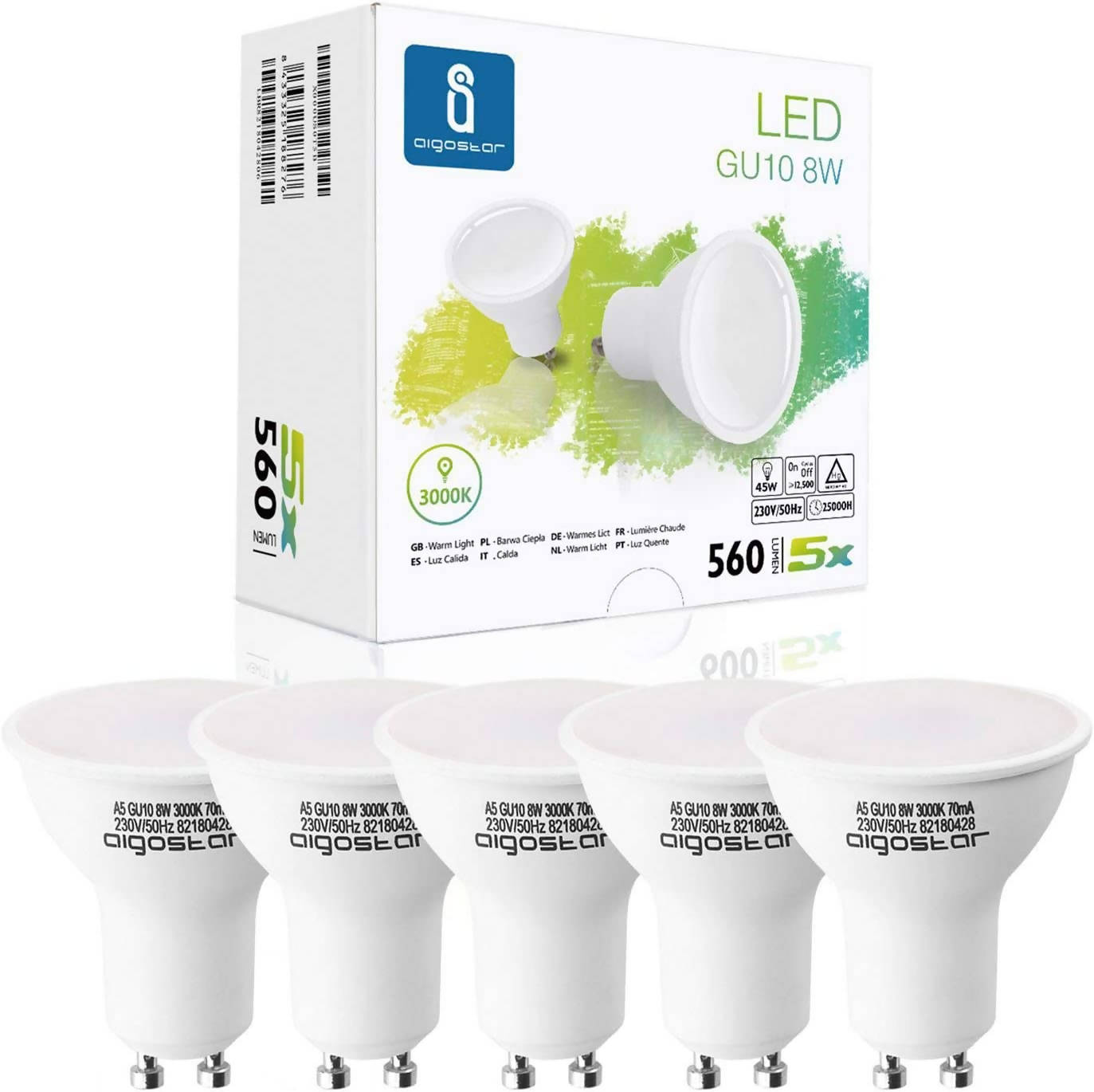 GU10 LED Warmweiß Licht 8W Leuchtmittel, Glühlampe 560lm 3000K 230V Abstrahlwinkel 120-160 Grad, Birne Klar Flimmerfrei nicht Dimmbar, 5er-Pack