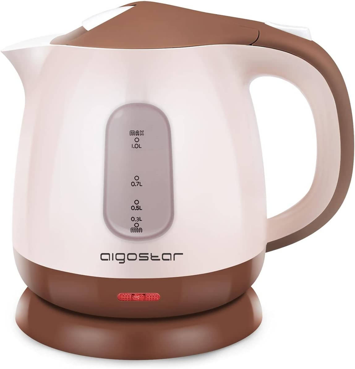 Aigostar Romeo 30HIP Kettle 1100 Watt, 1 Litre Compact Boiler, Automatic Shut-Off with Dry Protection, BPA-Free, Brown Disposable packaging.