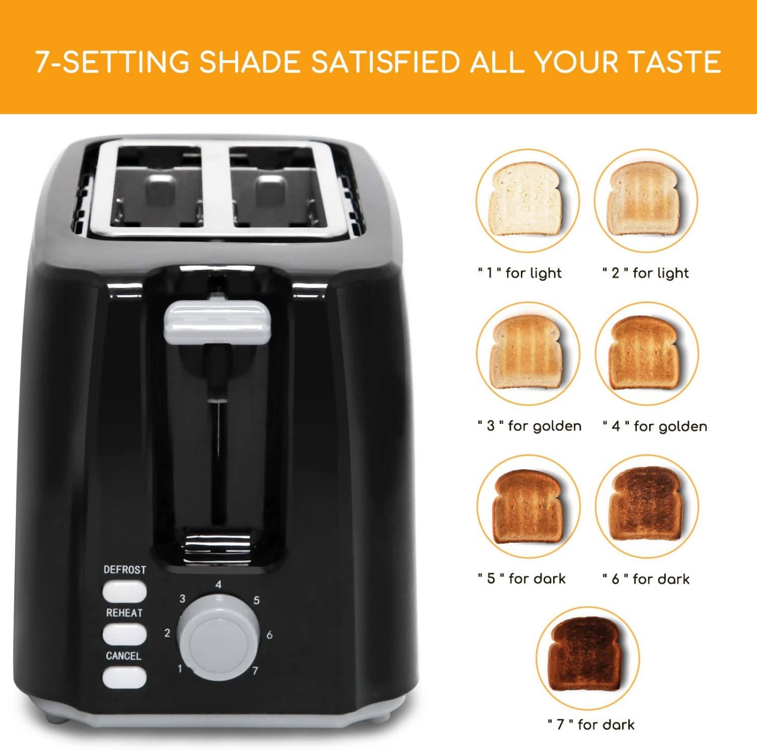 Aigostar Toaster, 7 Einstellbare Bräunungsstufe, Auftau- & Aufwärmfunktion, 2 Breite Toastschlitze, 750W, Sandwichtoaster Schwarz