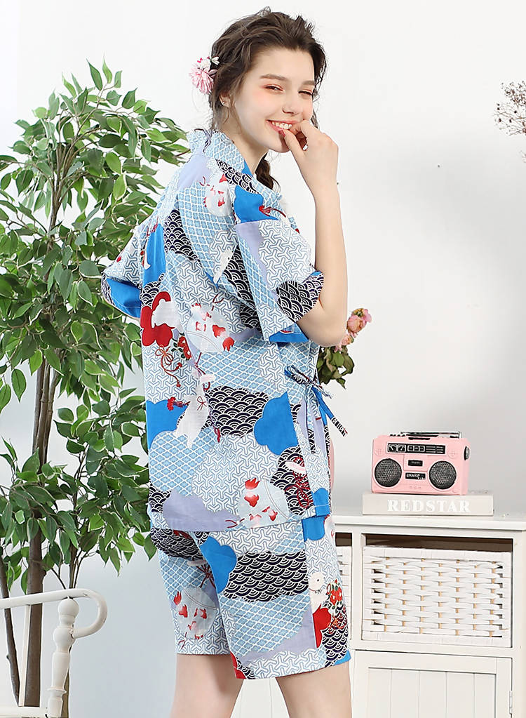 100% Cotton Japanese Kimono Loungewear Set - rabbit cloud print