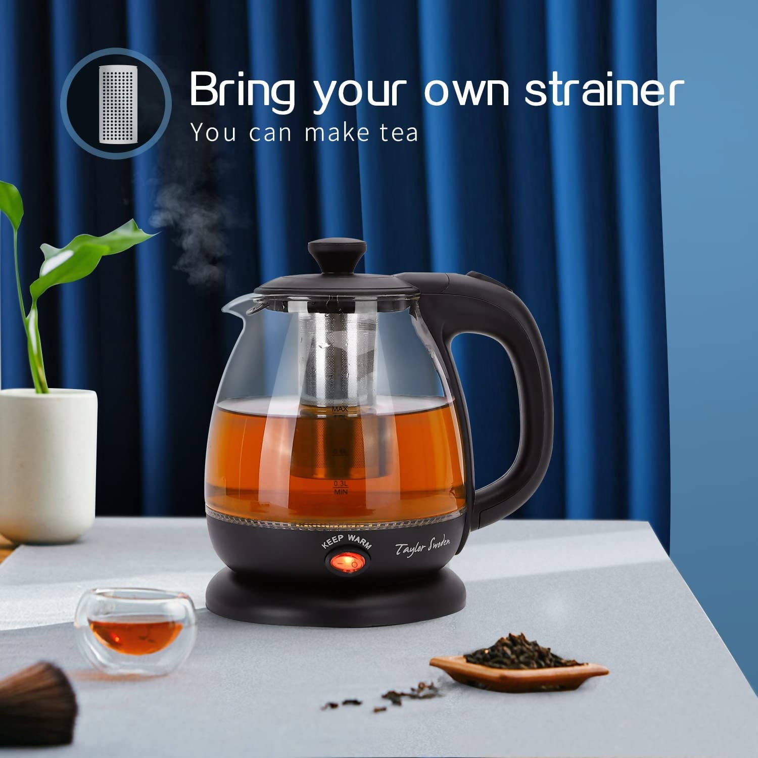 Taylor Swoden Abel Glass Kettle with LED Light, Keep Warm Function, Small Kettle 1 Litre, 2200 W, Travel Kettle, Small, Removable Filter, BPA Free