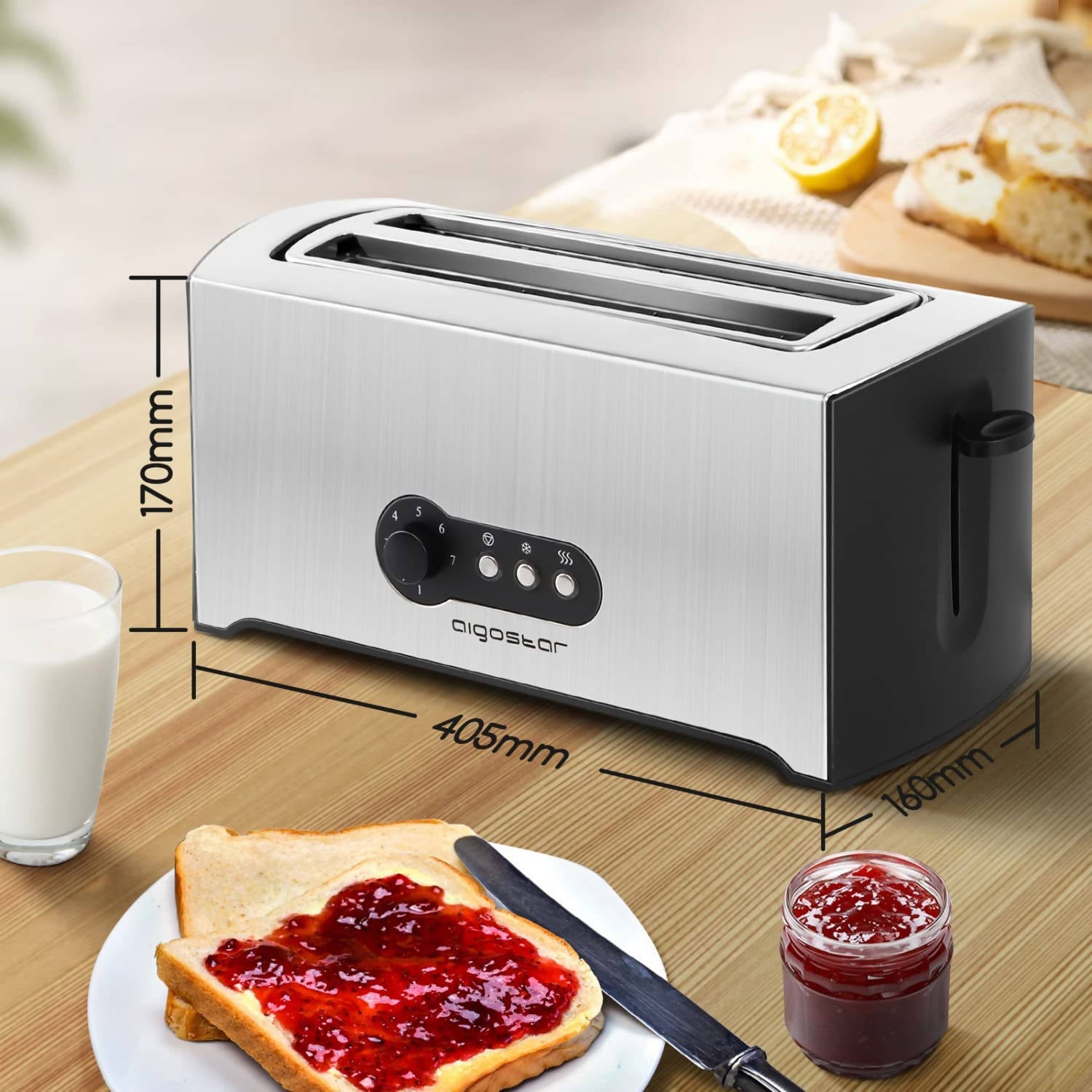 Aigostar Sunshine 30KDG - Edelstahl Toaster Mit Abnehmbarer Krümelschublade (1600 Watt, 4 Brotscheiben, 7 Bräunungsstufen und 3 Kochfunktionen) Farbe Silber & Schwarz, BPA Free