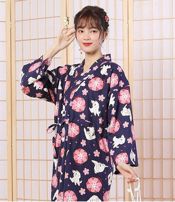 Copy of 100% Cotton Japanese Kimono Loungewear - cherry blossom rabbit print