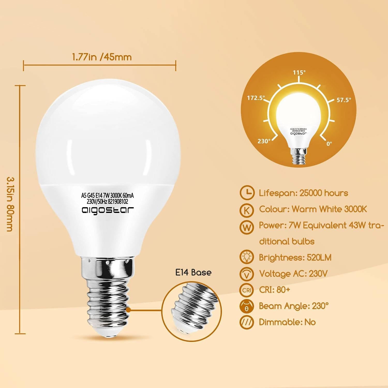 Aigostar - LED Lampe A5 G45 E14, 7W(ersetzt 50W), warmes Licht 3000K, 470 Lumen, 5er Pack [Energieklasse A+]