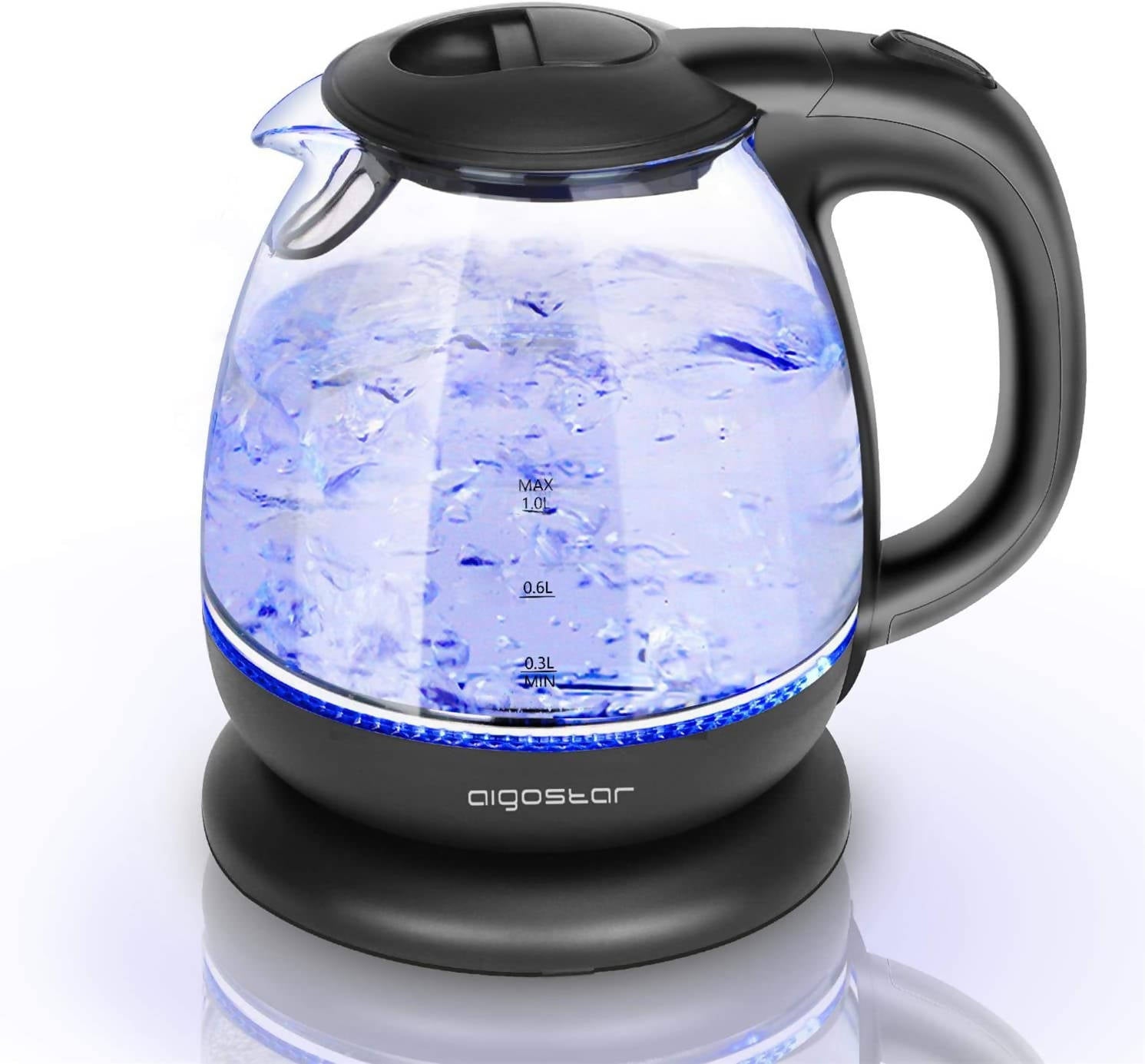 Aigostar Borosilikatglas Wasserkocher mit LED-Beleuchtung, 2200W, 1L, Reisewasserkocher Klein, Schnellkochfunktion, Abschaltautomatik Trockenschutz, BPA frei, schwarz