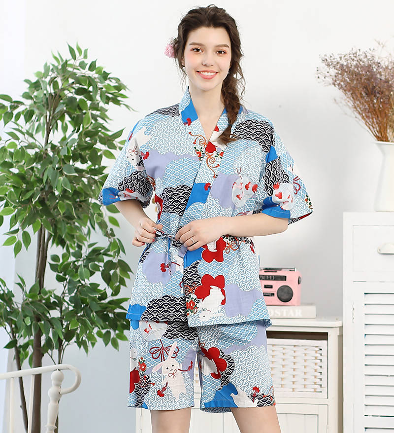 100% Cotton Japanese Kimono Loungewear Set - rabbit cloud print