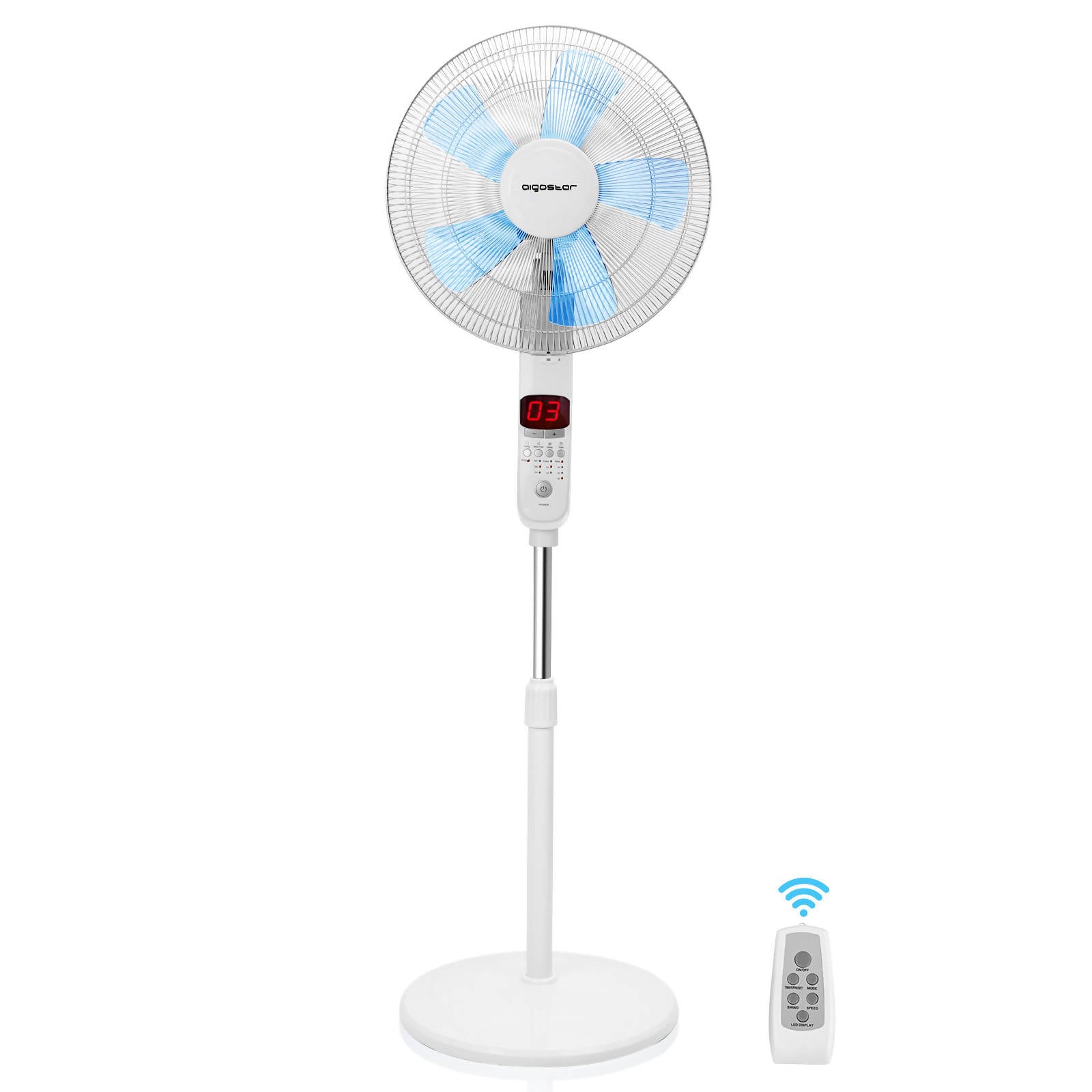 Aigostar Ocean Floor Fan with Remote Control and LED Display, 50 W, Quiet, 3 Speed Levels, 24 H Timer, Fan Height Adjustable, 85° Oscillation Floor Fan, White