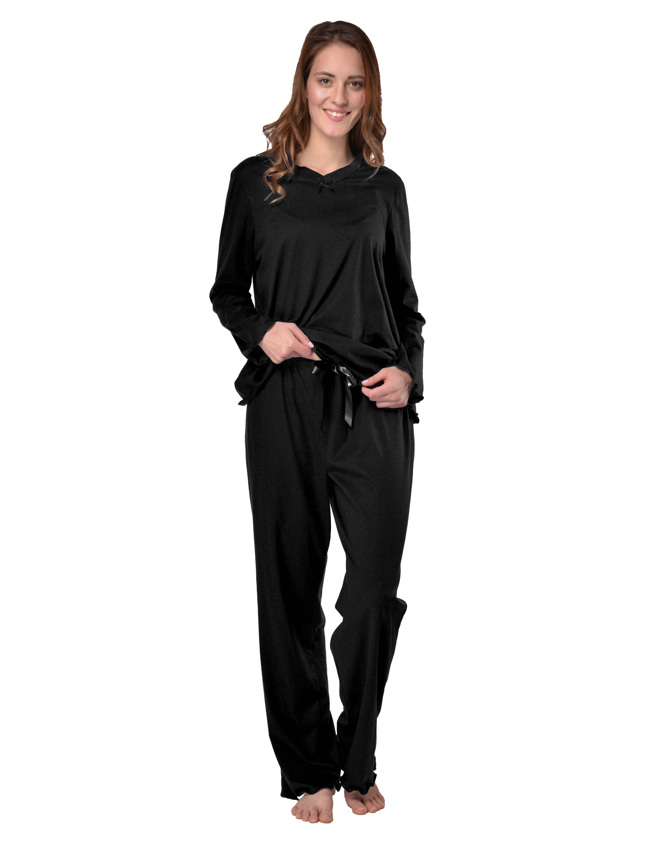 DeSen Damen Deluxe Pyjama aus 100% Baumwolle, Schlafanzugoberteil mit V-Ausschnitt, Schlafanzughose (Himmelblau-36/38)