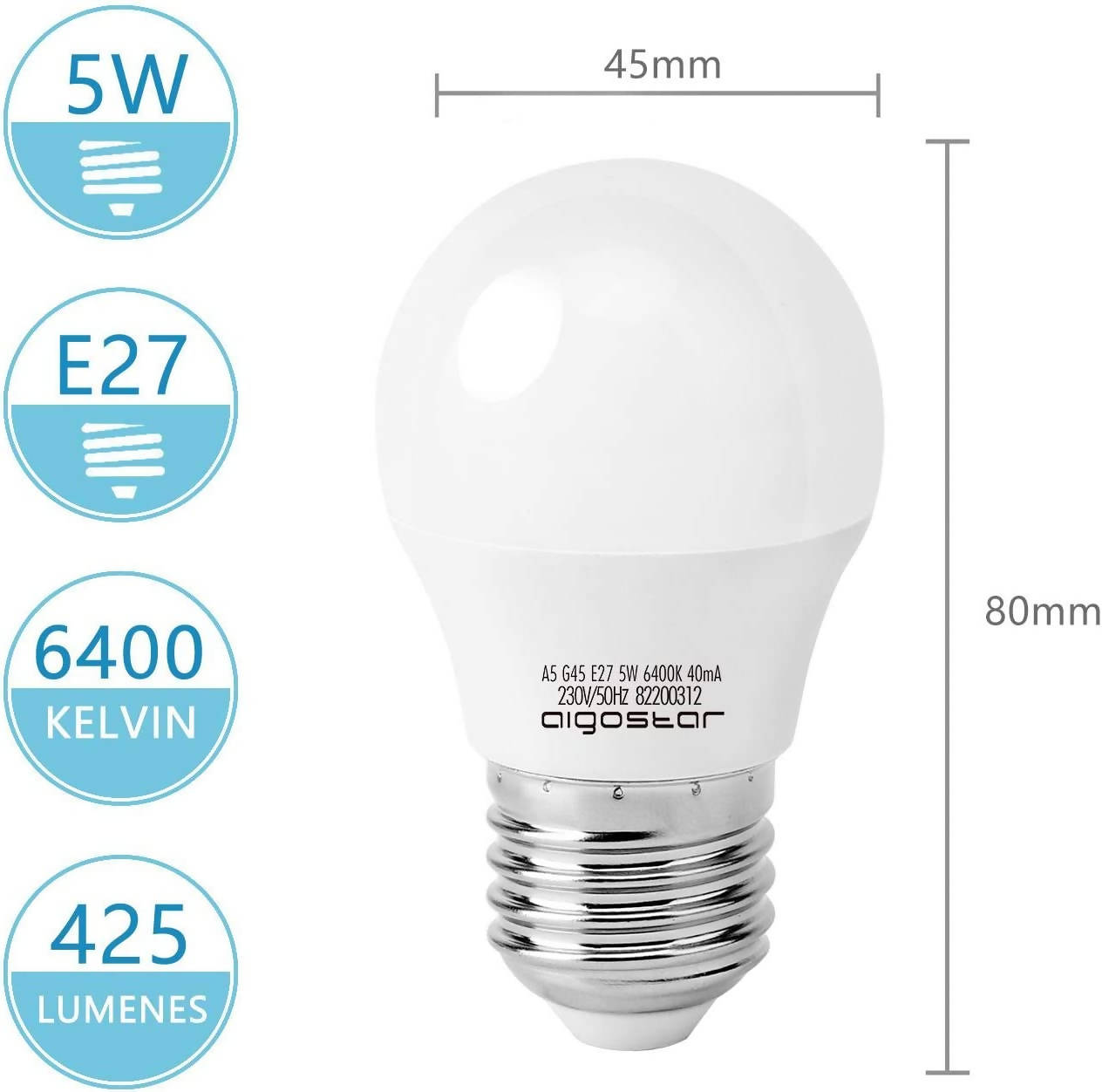 Aigostar E27 LED Bulb 5 W, Cool White 6400 K, 425 Lumens, Lamp G45 Bulb E27, 230 Degree Beam Angle, Non-Dimmable - Set of 10