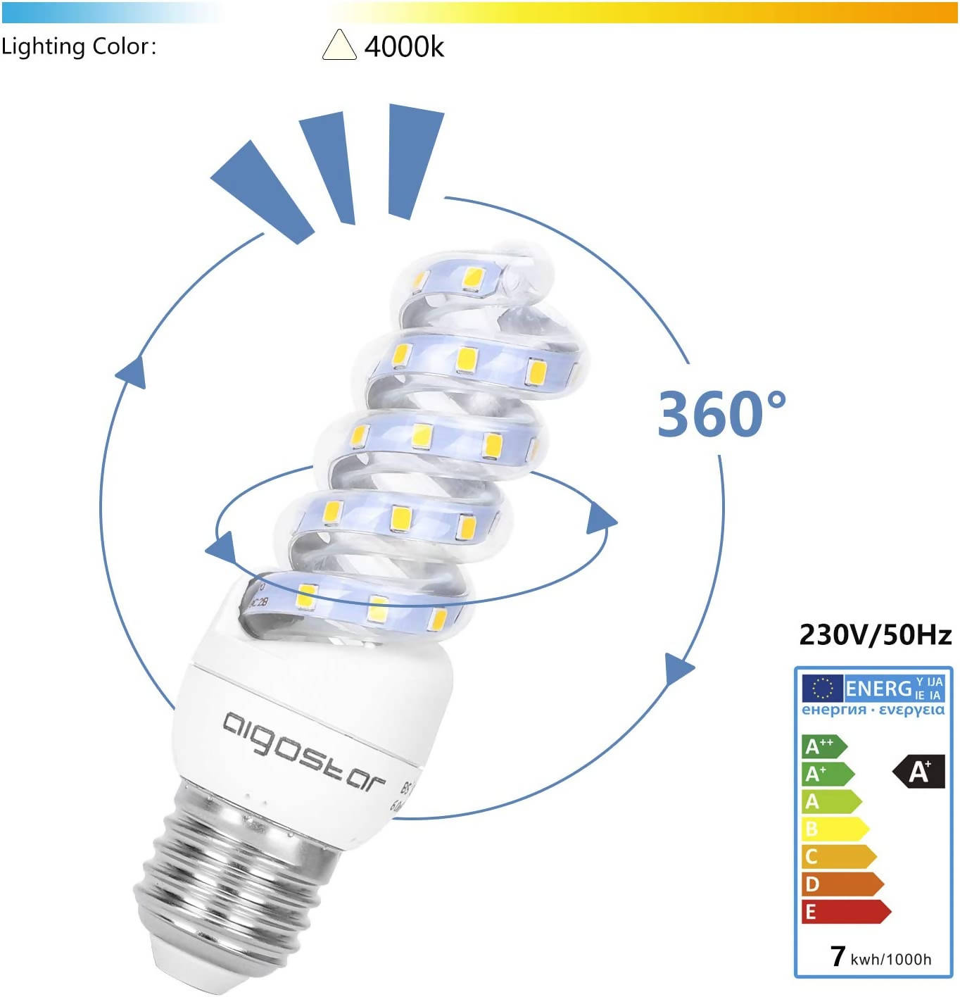 LED B5 Spiral 7 W, neutral white, E27 [Energy Class A+]