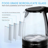 Aigostar 1,7L Wasserkocher Glas, Glaswasserkocher mit LED, 2200W, Wasserkocher Schwarz