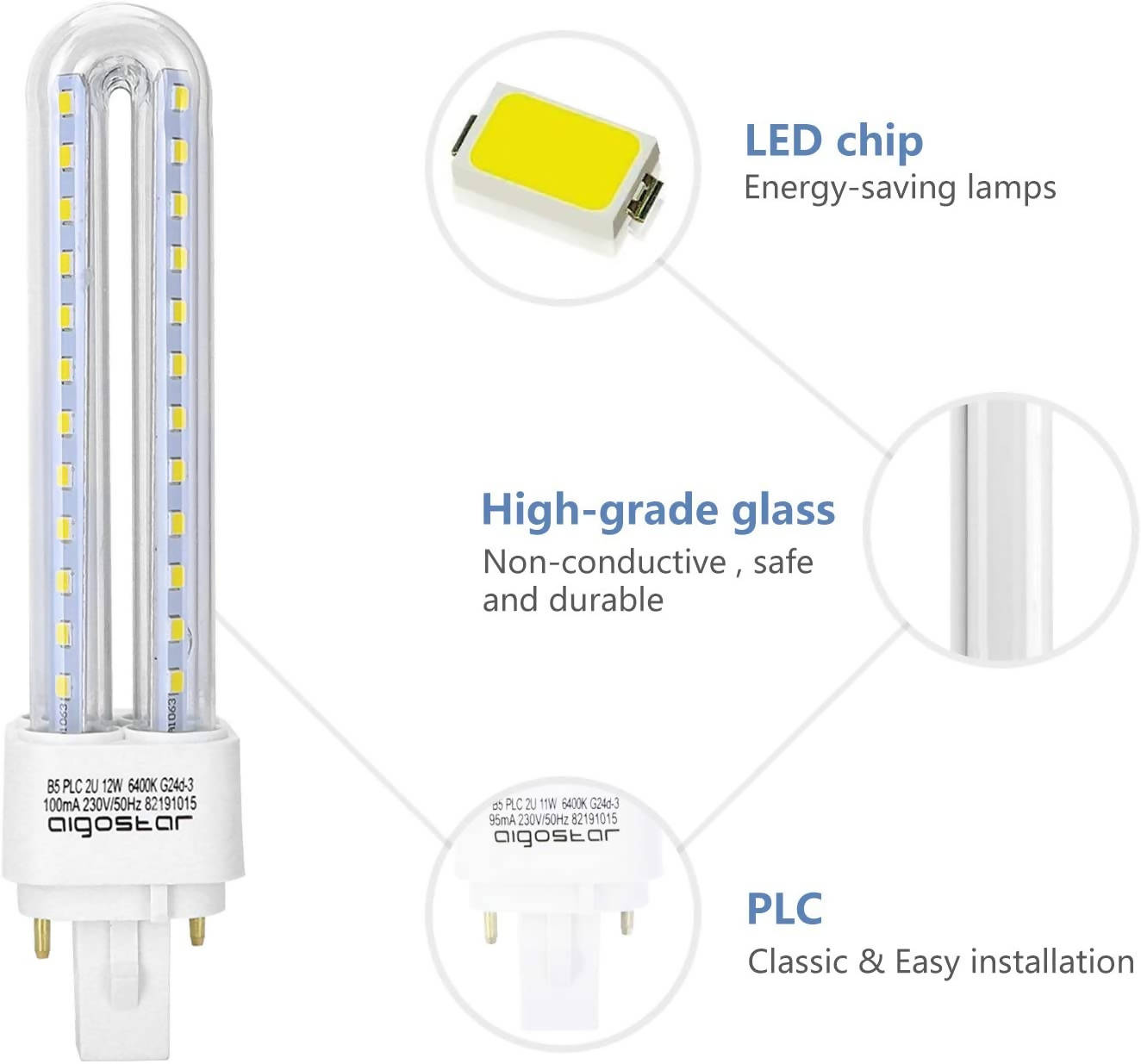 LED Cool White 12 W PLC G24 Bulb Mains Bulb Lamp 6400 K 1200 Lumen Beam Angle 360 Degree 2U Bulbs 5 Pieces Energy Saving