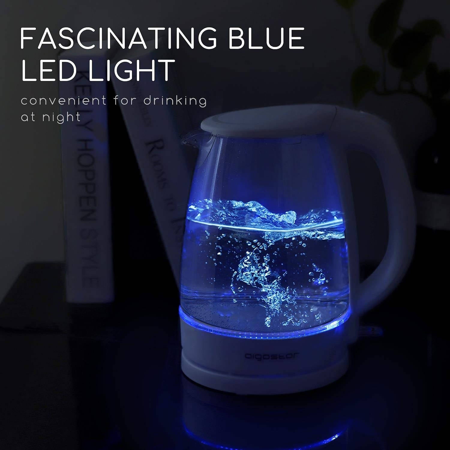 Aigostar Eve 30GON Glass Kettle with LED Lighting, 2200 Watt, 1.7 Litre, Boil-Drying Protection, BPA Free, White