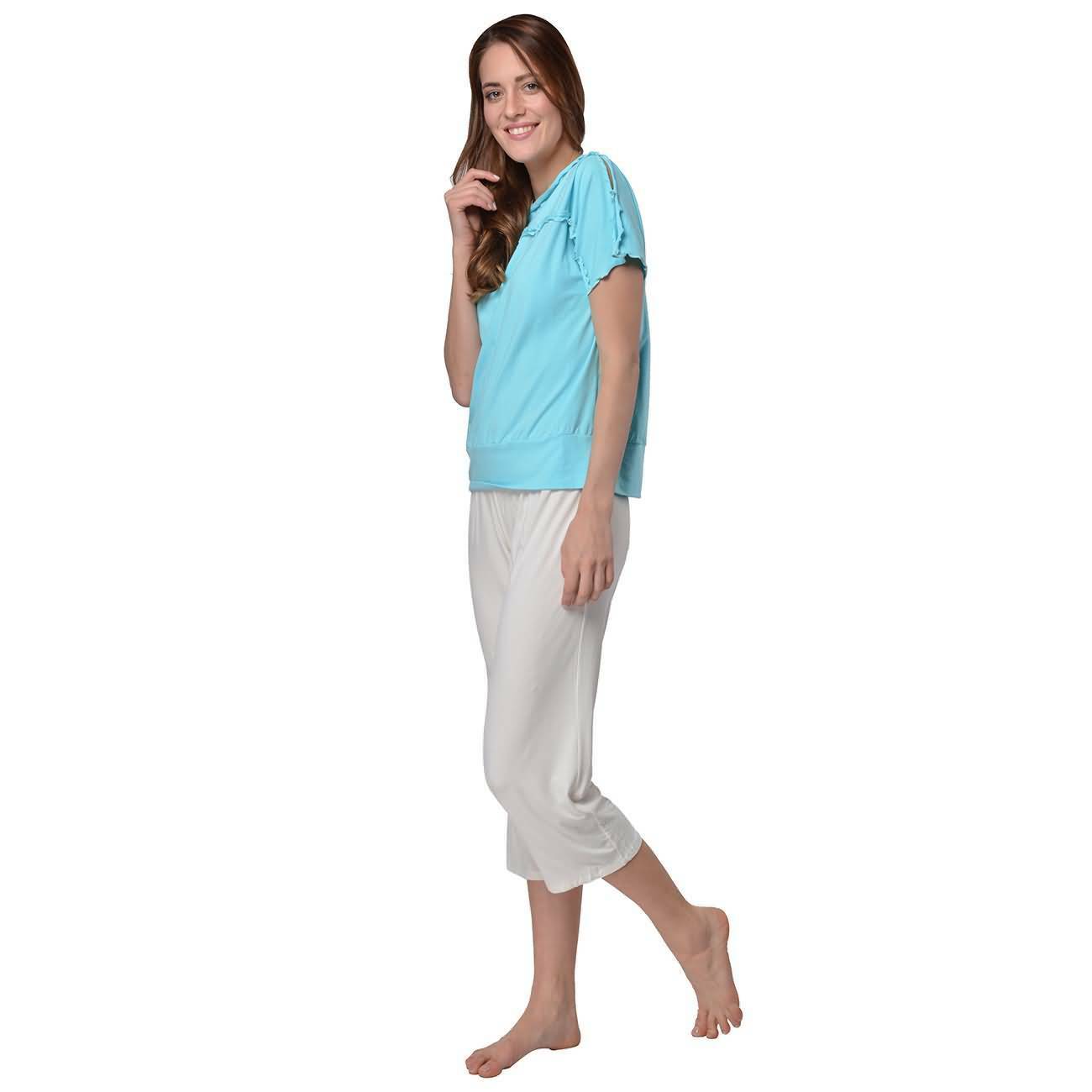 RAIKOU Damen Viskose Shirt + 3/4 Hose Schlafanzug Sommer Pyjama Set Nachtwäsche mit Volants und elastischem Bund (48/50, Weiß)