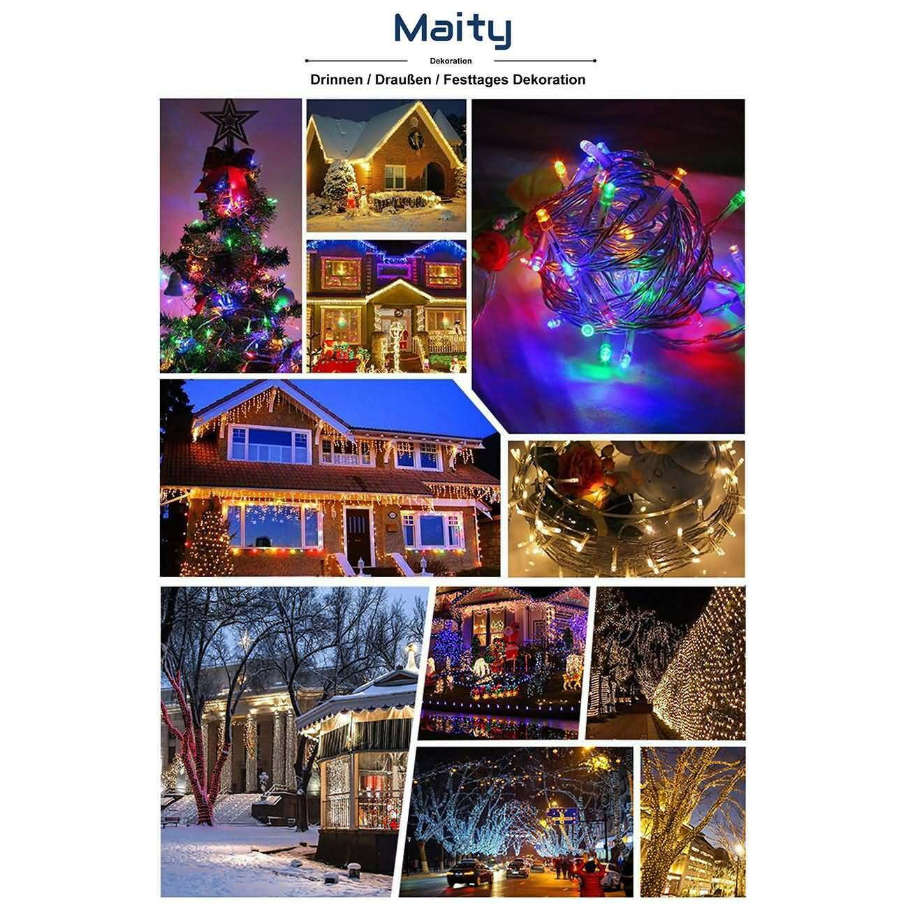 Maity LED Lichterkette Lichtervorhang Wasserdicht Lichterketten für Innen und Außen mit 8 Modi Dimmbar, Dekobeleuchtung für Weihnachten, Party, Hochzeit, Garten, Haus usw. (Multi-farbe,10m-100LED)