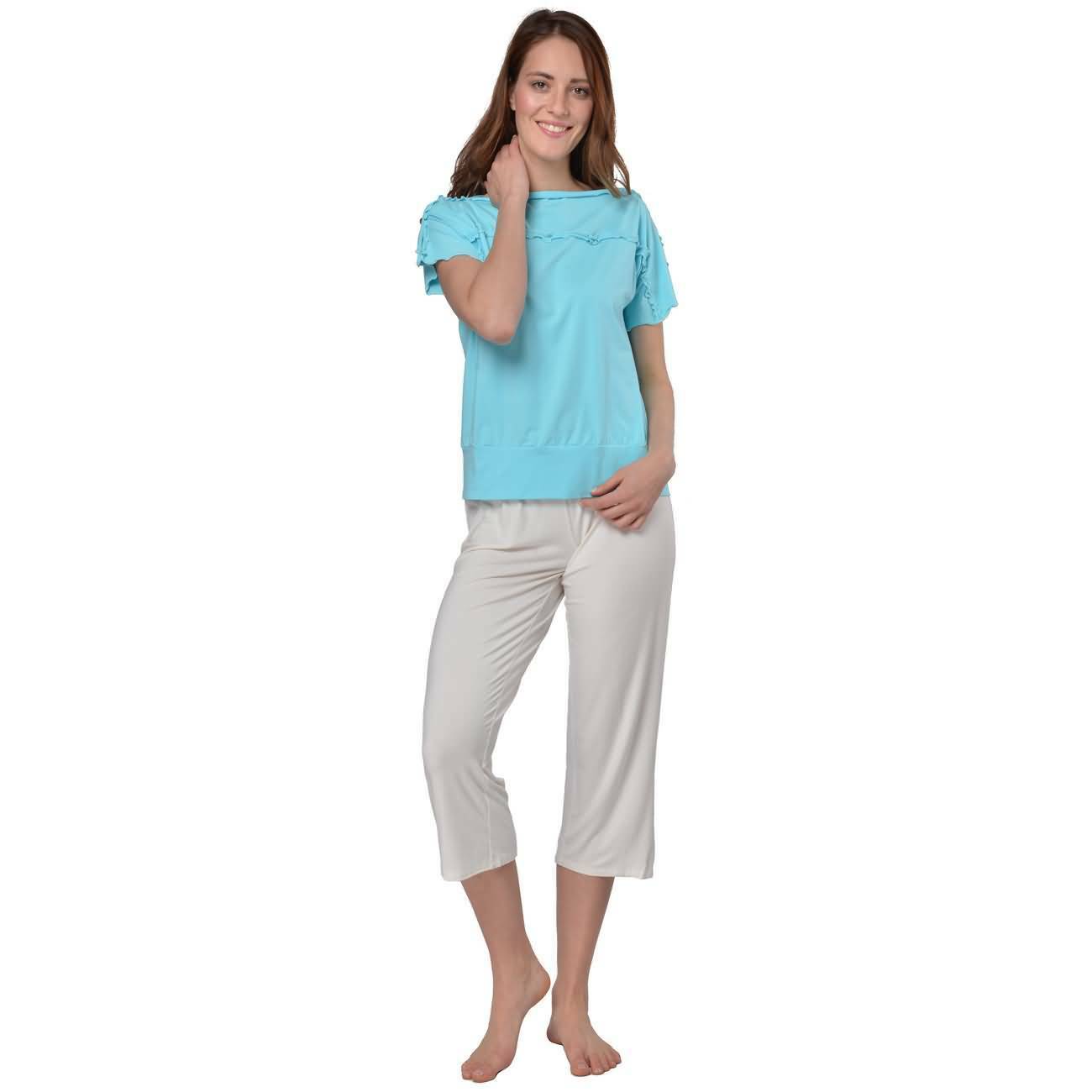 RAIKOU Damen Viskose Shirt + 3/4 Hose Schlafanzug Sommer Pyjama Set Nachtwäsche mit Volants und elastischem Bund (48/50, Weiß)