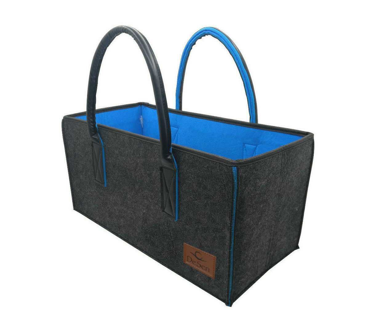 DeSen Deluxe Filztasche Hochwertige Einkaufstasche, Schicke Strandtasche, Henkeltasche, Zeitungskorb, Filzkorb, Einkaufskorb (Anthrazit/Blau-50 * 25 * 25cm)