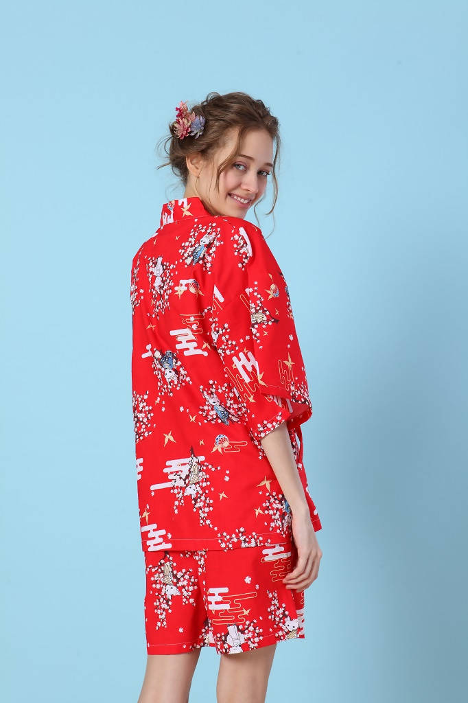 100% Cotton Japanese Kimono Loungewear Set - fox cherry blossom print