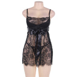 RAIKOU Damen kurzes Negligee Träger Nachthemd Rückenfrei Nachtkleid Nachtwäsche Set Babydoll Lingerie Sleepwear mit Panties G-String mit Satin & Spitze Dekor französische Spitze (G04-Schwarz,36/38)